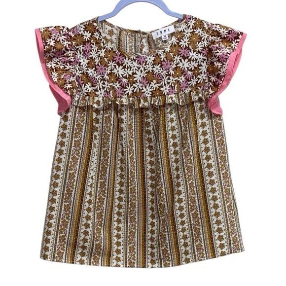 THML Brown Pink Daisy Boho Flutter Sleeve Cotton Top XS - Picture 1 of 10